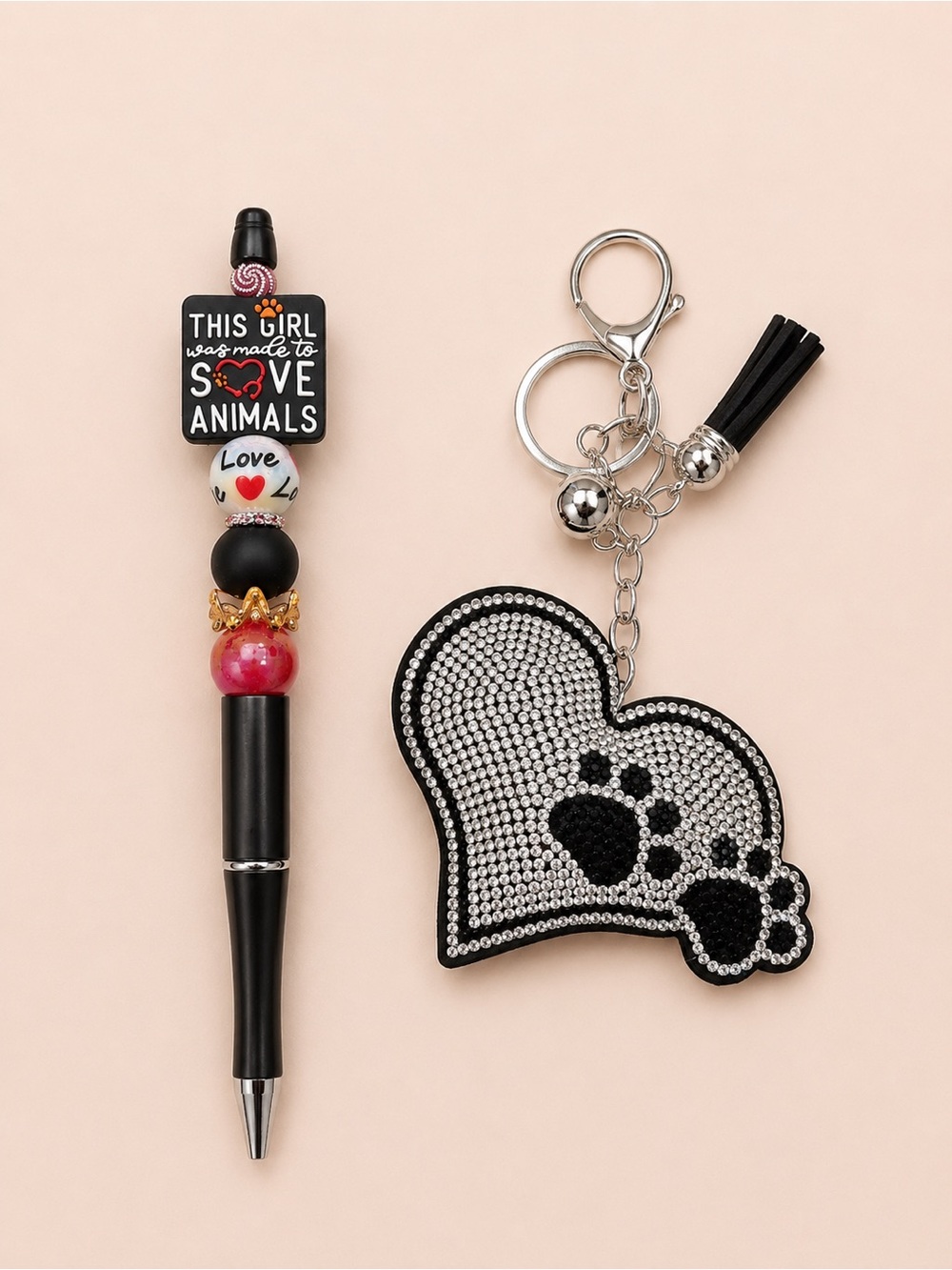 Heart Paw Rhinestone Keychain & Animal Rescue Pen Set